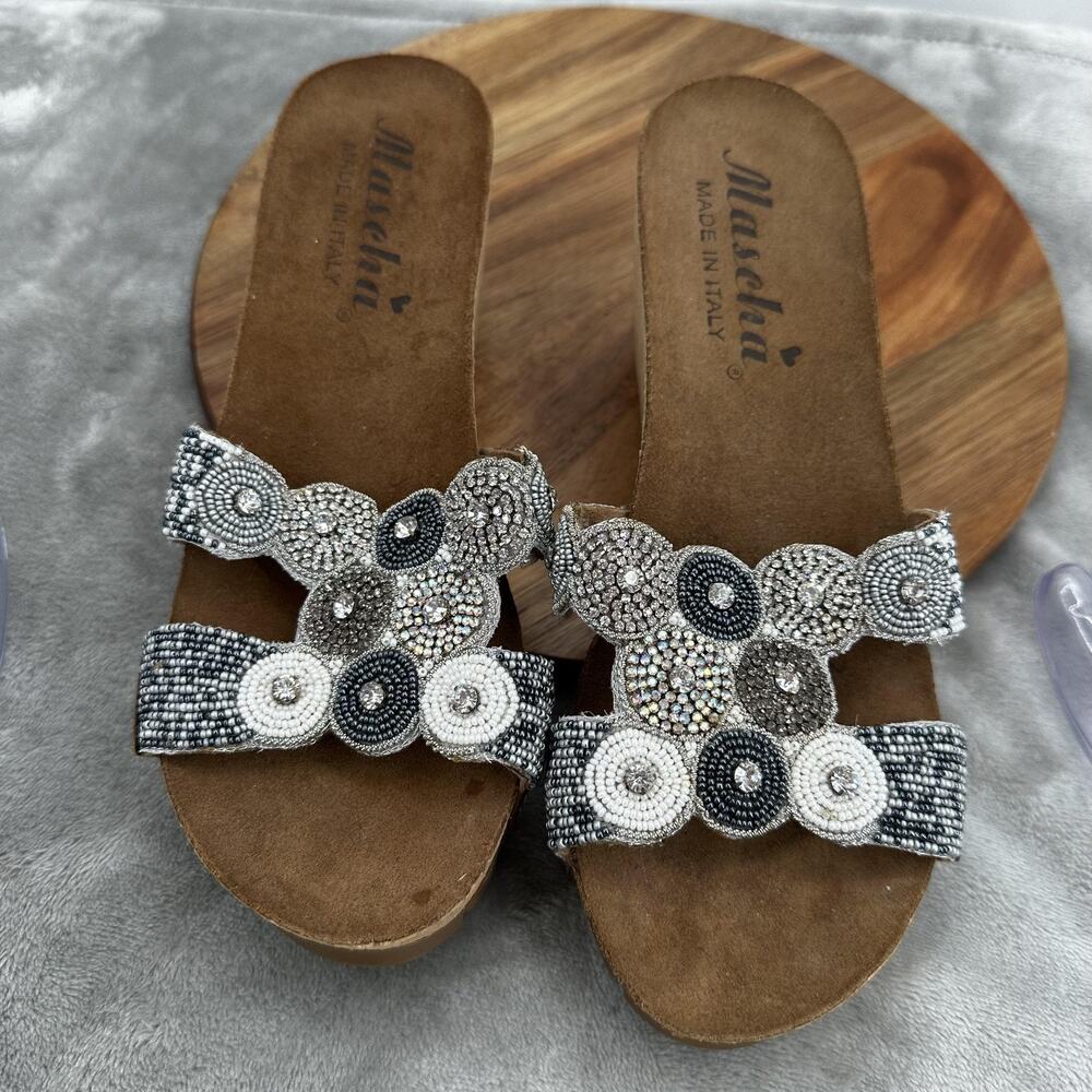 Mascha Shoes Womens Size 39 US 8.5‎ Silver Beaded Wedge Sandals Italy Platform - Picture 10 of 13
